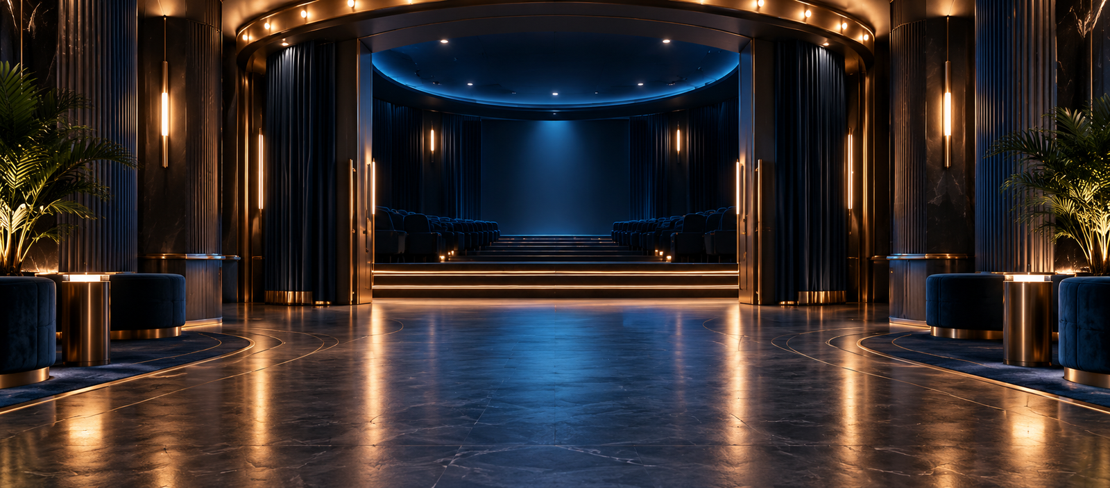 A warmly lit cinema entrance leading into a movie auditorium