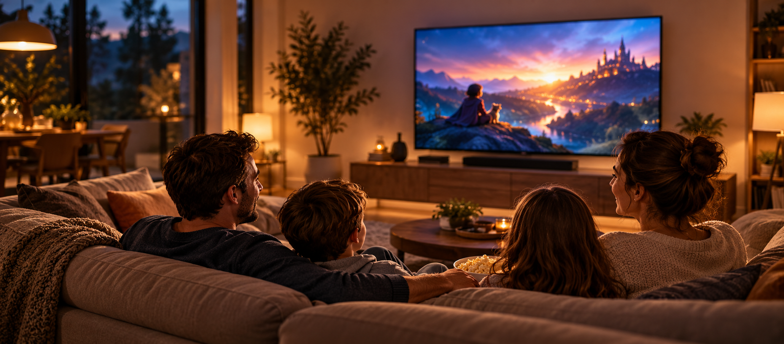 A family enjoying a movie together at home